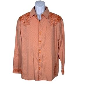Lamasini Men XL Western Peach Embroidered Rhinestone Button Up Shirt Long Sleeve